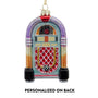 Personalized glass retro jukebox ornament with text noting personalization on back and colorful vintage jukebox front.