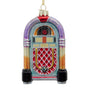 Glass retro jukebox ornament with colorful vintage jukebox front, red grill, black base, purple arches, and gold hanging cord.