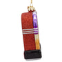 Side view of glass retro jukebox ornament showing red glitter back, purple and gold side details, black base, and gold cap.