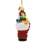 Back view of glass Santa boot ornament with red glitter boot, white glitter trim, colorful presents, and gold cap.