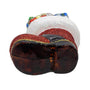 Bottom view of glass Santa boot ornament showing glossy black sole, red glitter boot, and white glitter cuff.