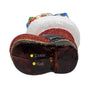 Personalized glass Santa boot ornament bottom with name and year placement shown on the glossy black sole.