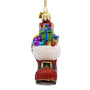 Glass Santa boot Christmas ornament showing colorful wrapped presents, white glitter cuff, red boot, and gold hanging cord.