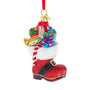 Side view of glass Santa boot ornament with red glitter boot, black belt detail, white trim, wrapped gifts, and gold horn.