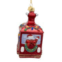 Back view of personalized glass ski gondola ornament showing Santa from behind, a green wreath with red bow, and snowy window details.