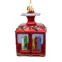 Side view of personalized glass ski gondola ornament with red gondola car, colorful skis, holiday lights, and silver cable details.