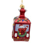 Personalized back view of glass ski gondola ornament with name and year placement shown below the wreath on the red gondola.