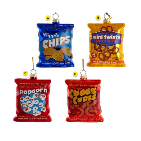 Glass Snack Bag Ornament J8839A Chips J8839B Pretzels J8839C Popcorn J8839D Cheez Curls