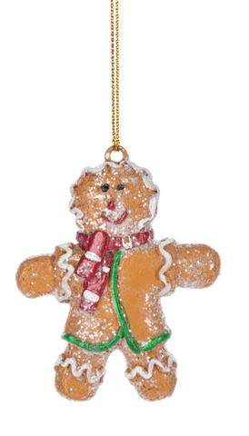 Glitter Gingerbread Boy ornament with a smiling cookie design, white icing trim, a red scarf, green icing accents, and a dusting of glittery sugar.