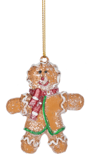 Glitter Gingerbread Boy ornament with a smiling cookie design, white icing trim, a red scarf, green icing accents, and a dusting of glittery sugar.
