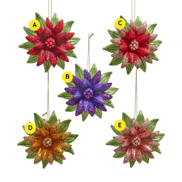 Five glitter poinsettia ornaments in red, purple, gold, rose gold, and red champagne styles with green leaves and beaded centers.