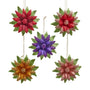 Five glitter poinsettia ornaments in red, purple, gold, rose gold, and red champagne styles with green leaves and beaded centers.