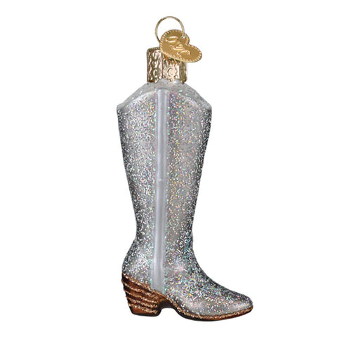 Silver Glittered Cowgirl Boot Ornament - Old World Christmas