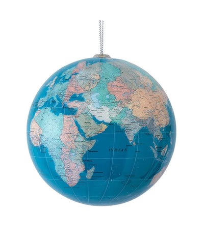 Shiny Globe ornament in blue tones on white background