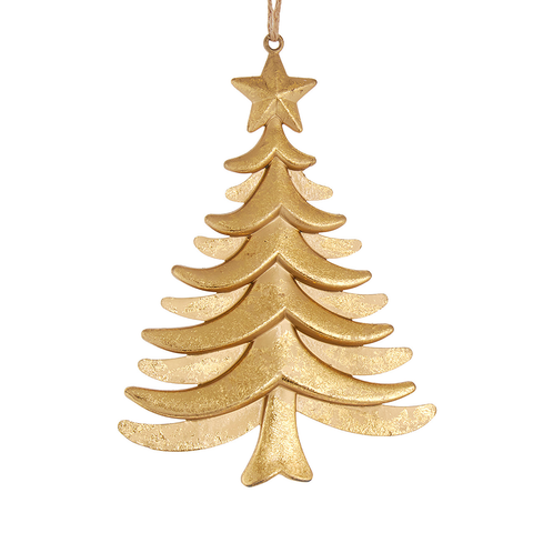Gold flat Christmas tree ornament with layered sweeping branches, star topper, textured metallic finish, and jute hanging cord.