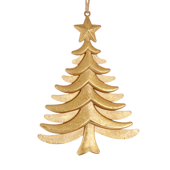 Gold flat Christmas tree ornament with layered sweeping branches, star topper, textured metallic finish, and jute hanging cord.