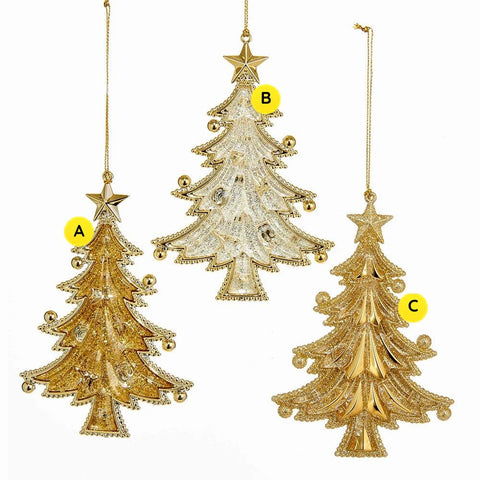 Alt A: Gold glitter acrylic Christmas tree ornament with gold trim, star topper, swirl details, and gold ball accents.

Alt B: Pearl and gold acrylic Christmas tree ornament with star topper, gold edging, swirl details, and hanging cord.

Alt C: Layered gold acrylic Christmas tree ornament with glittered edges, star topper, dimensional branches, and gold hanging cord.