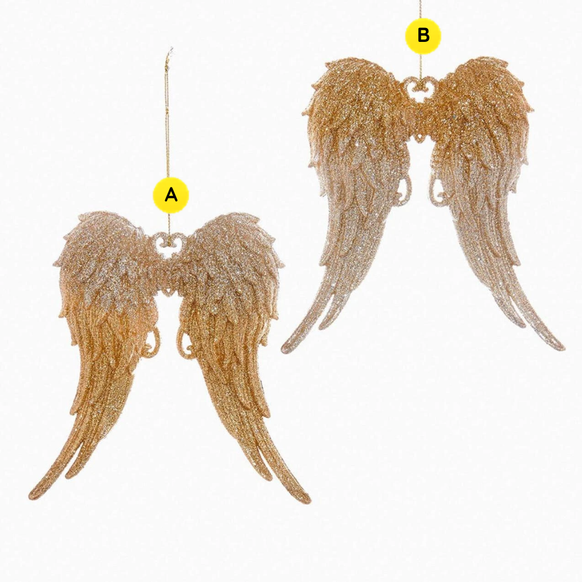 Two gold angel wing ornaments labeled A and B, shown against a plain white background.