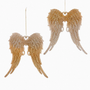 Two gold and silver angel wing ornaments hanging against a plain white background.