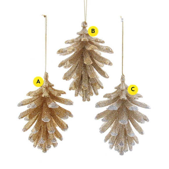 Three glittered pinecone ornaments in dark gold with gold tips, dark gold with silver tips, and light gold with silver tips.