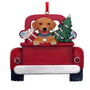 Christmas ornament of a Golden Retriever dog in a red truck can be personalized.