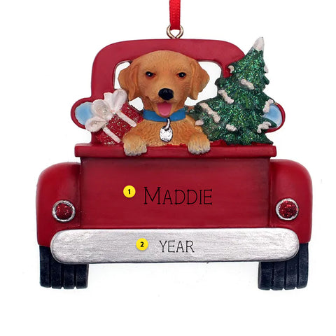 Christmas ornament of a Golden Retriever dog in a red truck can be personalized.