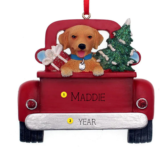 Christmas ornament of a Golden Retriever dog in a red truck can be personalized.