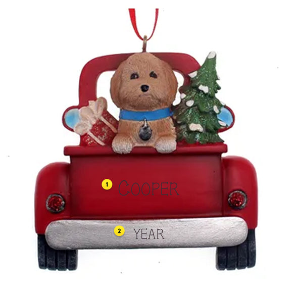 Golden Doodle riding in the back of a vintage truck. Can be personalized
