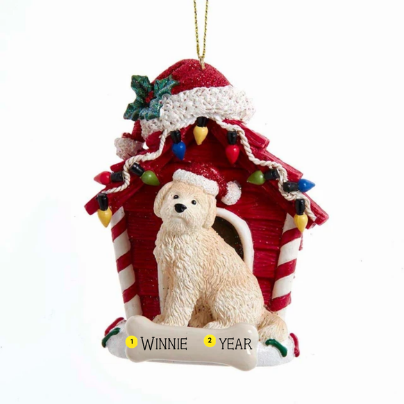 Personalized Goldendoodle dog house ornament with the example name Winnie and year shown on the bone-shaped plaque.