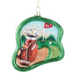 Golf bag on the green ornament with clubs, red flag marked 18, golf ball, sand trap, and glittered green course border.