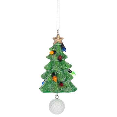 A green glitter Christmas tree hanging ornament with a gold star on top, multicolored decorative lights, and a white textured ball dangling below, suspended by a thin silver string against a white background.