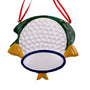 Golf ornament shaped like a white golf ball with green and yellow tee details and space for personalization.