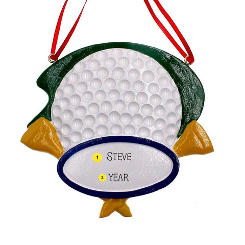 Personalized golf ornament shaped like a white golf ball with green and yellow tee details, shown with sample name and year personalization.