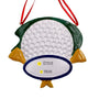 Personalized golf ornament shaped like a white golf ball with green and yellow tee details, shown with sample name and year personalization.