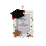 Graduation picture frame ornament with a black graduation cap, diploma, gold star, and white frame for displaying a small photo.