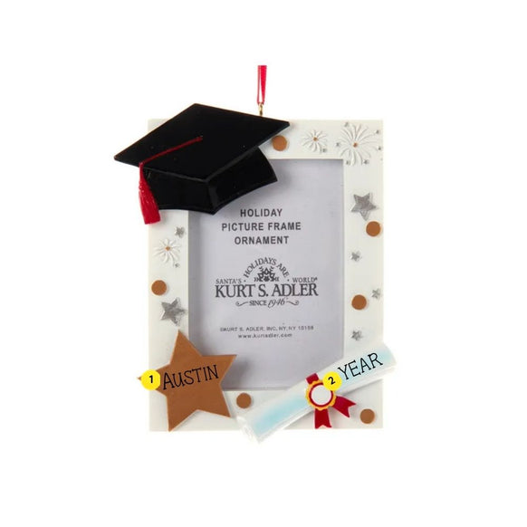 Personalized graduation picture frame ornament with a black graduation cap, diploma, gold star, and sample name and year personalization on the frame.