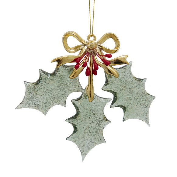 Green Holly Leaves with Gold Bow Ornament