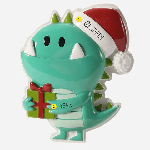 Blue Green dinosaur ornament with a Santa hat and gift, personalize it for extra special keepsake.
