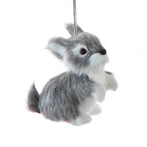 Plush gray bunny ornament on a white background