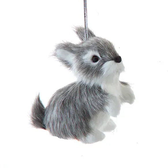 Plush gray bunny ornament on a white background