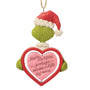 Back view of licensed Jim Shore Grinch Rotating Heart Ornament showing the quote “Maybe Christmas perhaps means a little bit more” inside the heart.