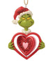 Side view of licensed Jim Shore Grinch Rotating Heart Ornament showing the dimensional heart design and rotating center.