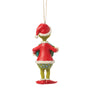Back view of licensed Jim Shore Grinch with Dated 2026 Wreath Ornament showing the Grinch in a red Santa coat and hat.