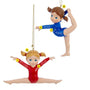Two gymnast ornaments, one in red and one in blue, with names and years on a white background.