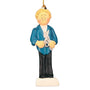 Male blonde hairdresser ornament holding silver scissors with blank white base for personalization.