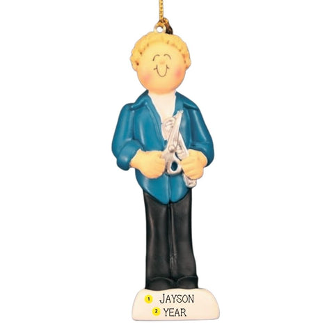 Personalized male blonde hairdresser ornament with blue jacket, black pants, scissors, and name and year on base.