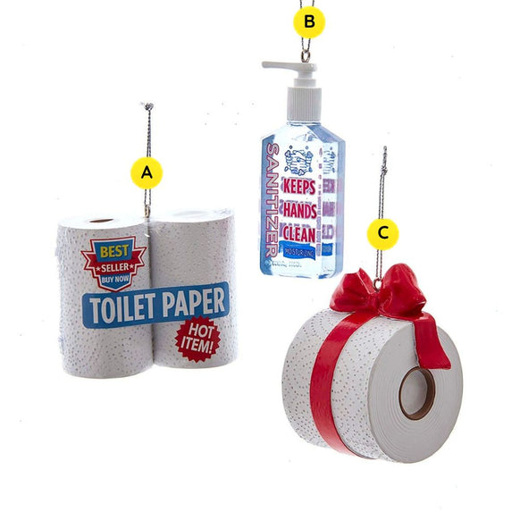 Novelty ornaments sold separately, including a hand sanitizer bottle, a double-roll toilet paper design with printed wording, and a toilet paper roll wrapped with a red bow.