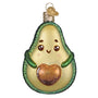 Glass ornament shaped like a cartoon avocado with a heart on a white background