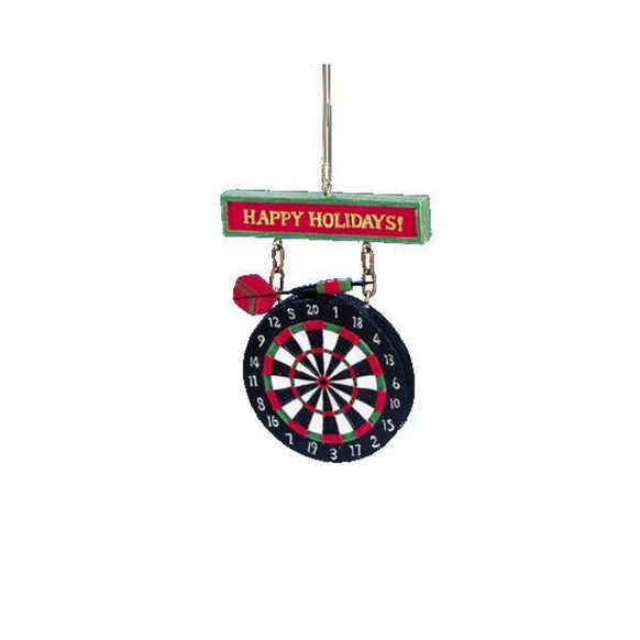 Dartboard ornament with red and green details, numbered board, Happy Holidays sign, and silver hanging cord.