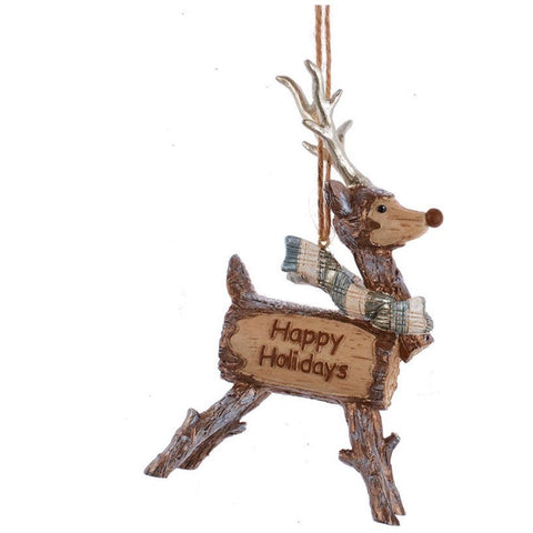 Woodland deer ornament with antlers, a plaid scarf, and a rustic body design featuring the words “Happy Holidays.”